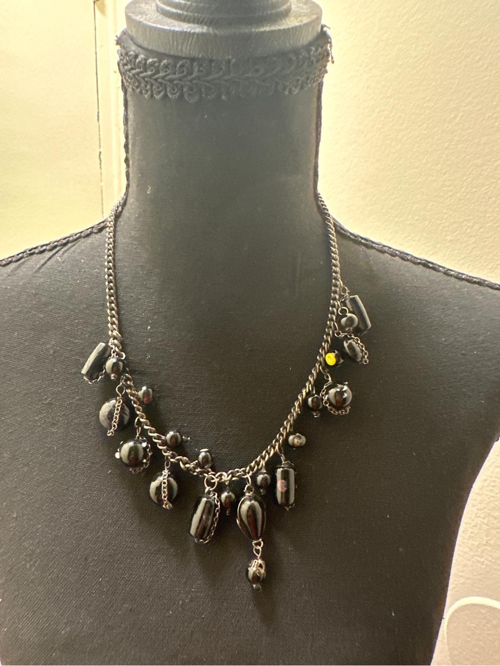 Gothic Black Beaded Charm Statement Necklace Gunmetal Chain Chunky Drop Dangle